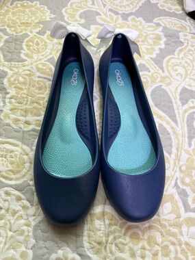 OKA b. Navy Ballet Flats with Aqua Insole and White Bow Accent